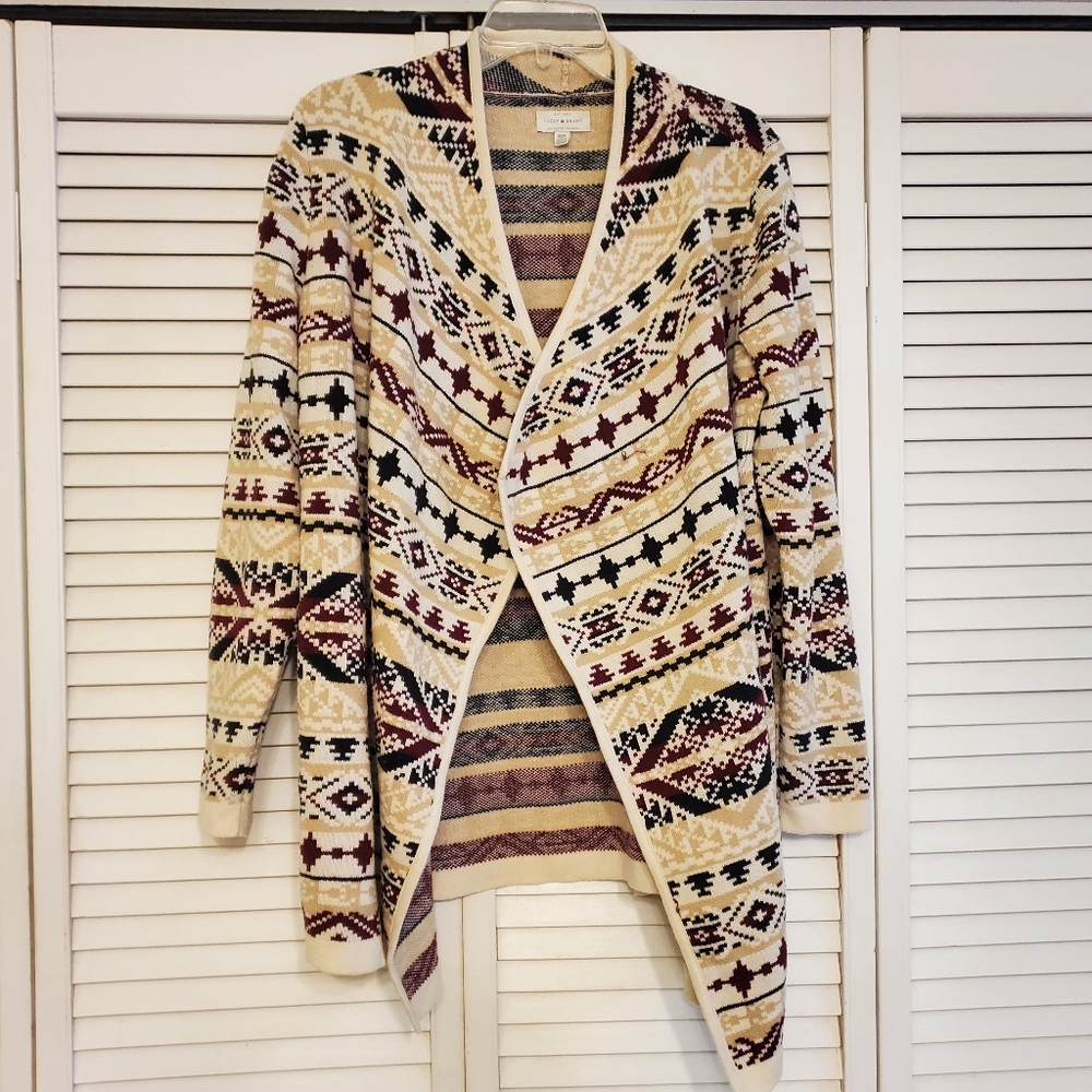 Lucky Brand Cardigan Jacquard Aztec Open Front Draped Sweater, Size Medium